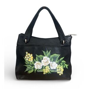 Rolfs Vintage Black Leather Tote Hand Bag Purse Handpainted White Roses Flowers